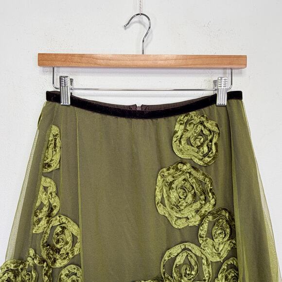 Arden B 3D Velvet Rosette Tulle Mesh Skirt M Olive Green & Brown Midi Y2K Goth - Picture 9 of 9